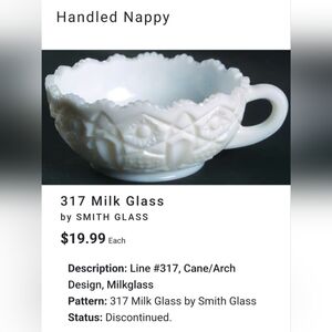 Vntg #317 Smith Glass 6 5/8" Handled Nappy Arch & Cane Pressed Milk Glass